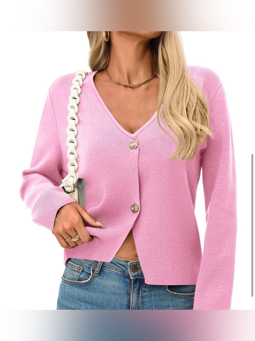 Women's Pink V-Neck Button Front Sweater Cardigan Gold Buttons 3